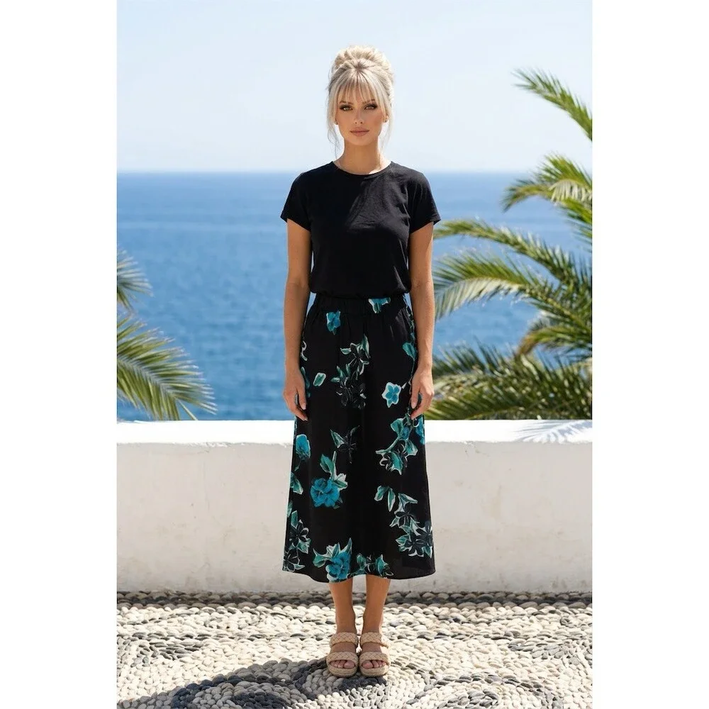 The Kooples Skirt Womens Size S Black Blue Floral Pleated Midi 90s Kick